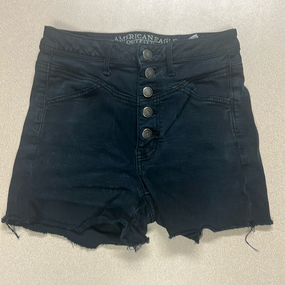 AE high waist button fly black denim shorts